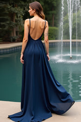 Marineblaues Langes Hochzeitsgastkleid mit Spaghettiträgern und offenem Rücken in A-Linie